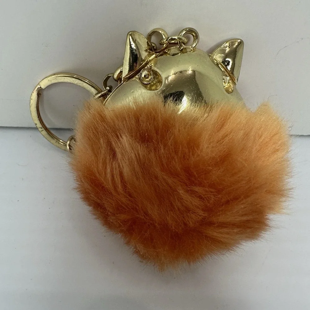 Fox Keychain Pom Pom Faux Fur Orange Rhinestones Gold Tone Bag Charm Cute
